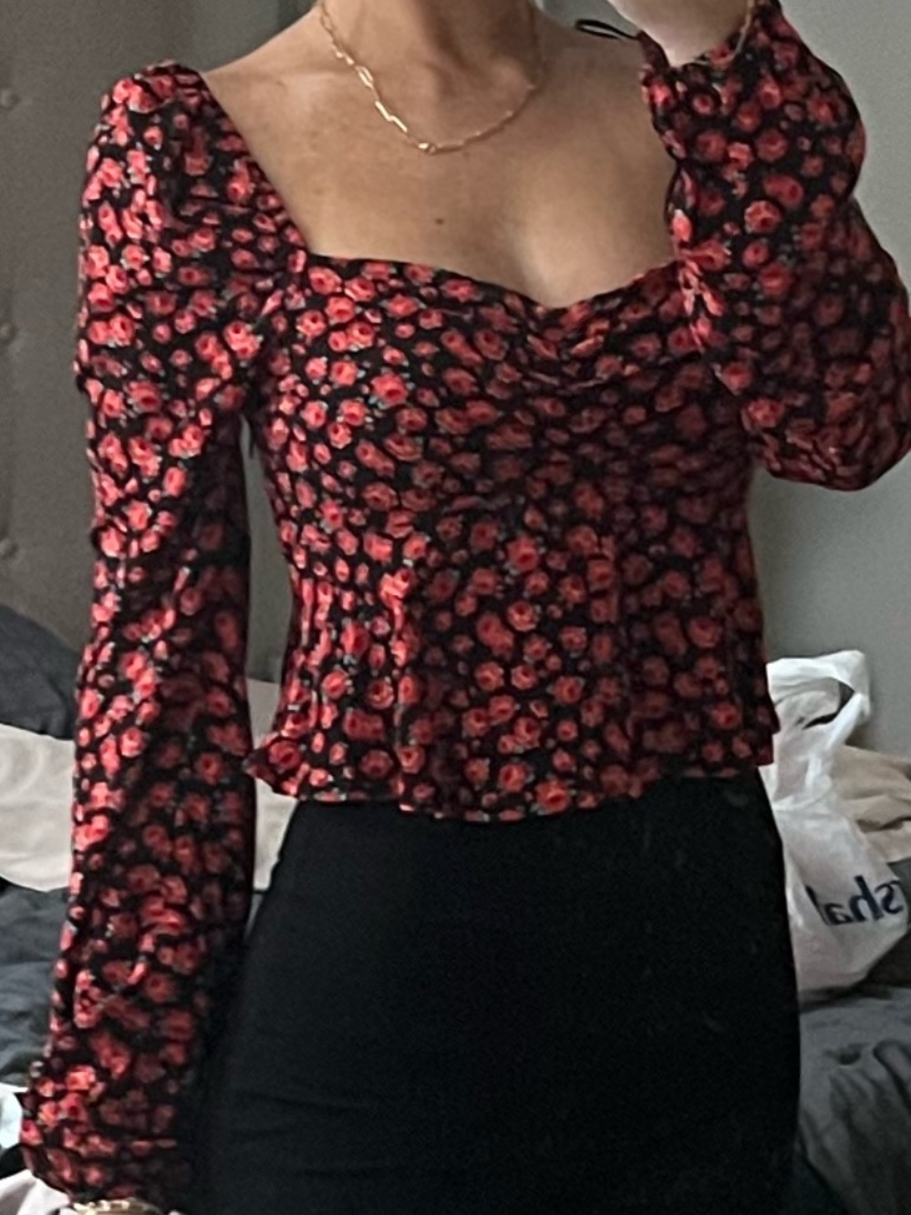 Black Top with Red Rose Print